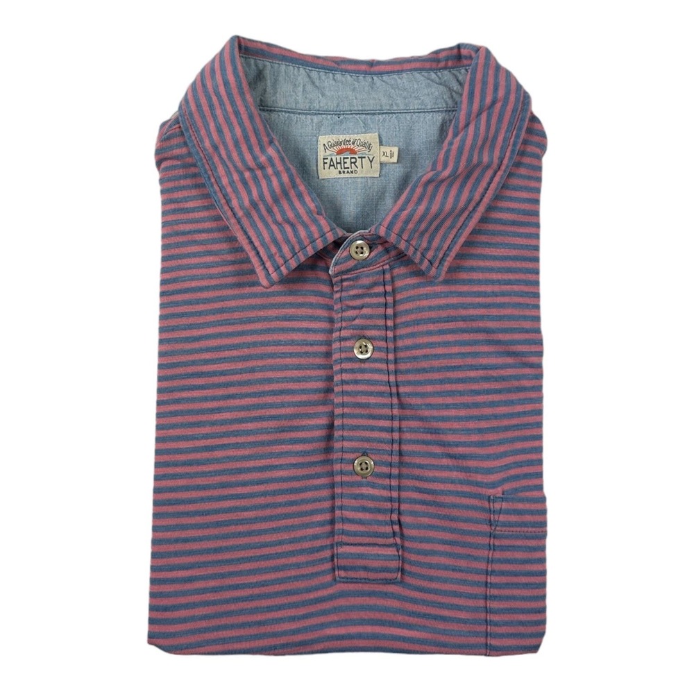 Faherty Mens Organic Cotton Pink Blue Striped Polo Shirt Size XL
